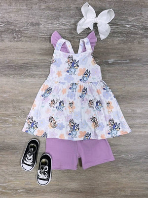 Blue Dog Criss Cross Tank Girls Lavender Shorts Outfit - Sydney So Sweet