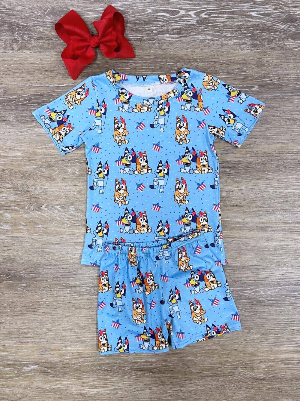 Blue Dog Patriotic Summer Short Sleeve Pajama Set - Sydney So Sweet