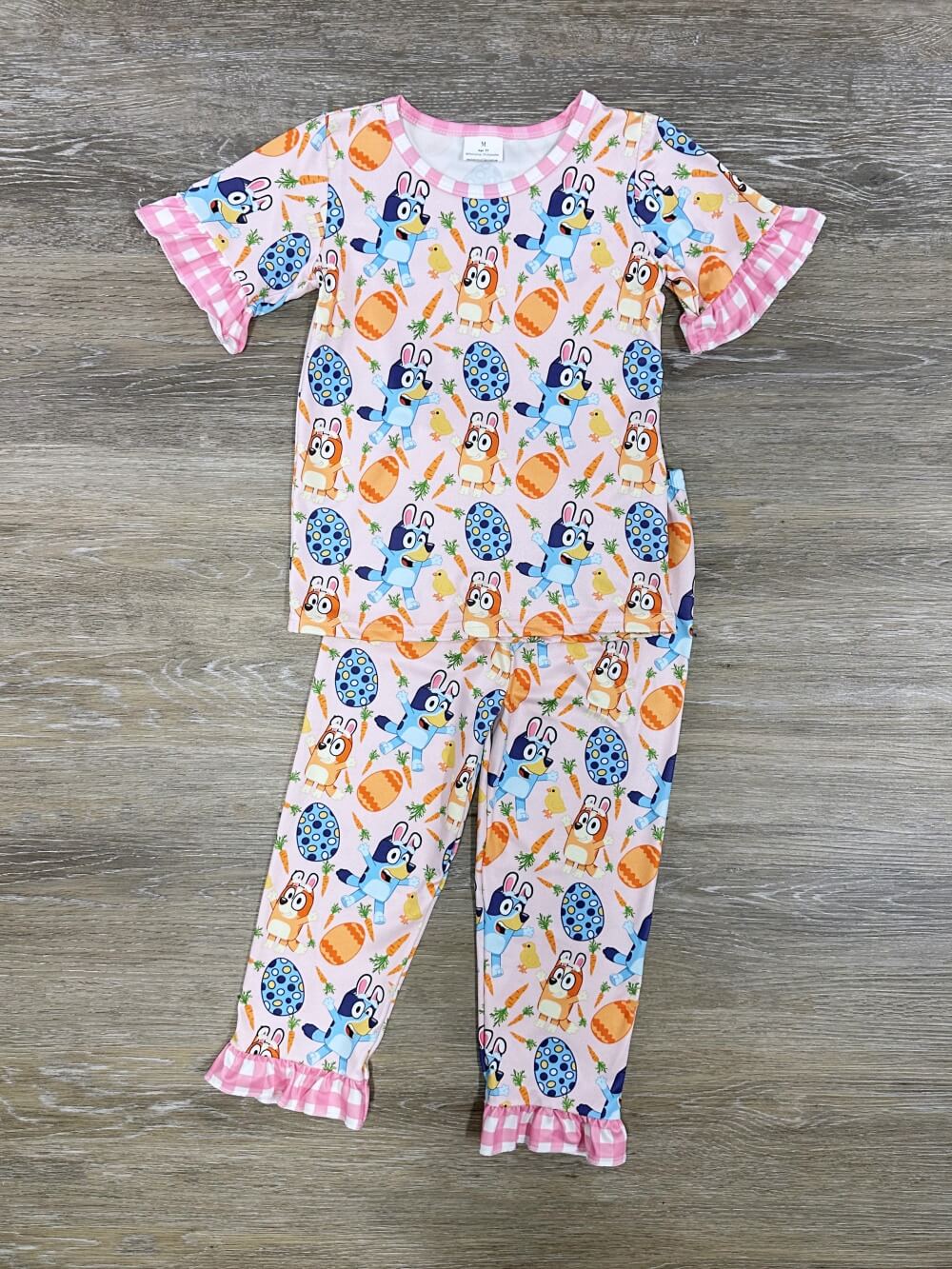 Blue Dog Pink Plaid Girls 2 Piece Pajama Set