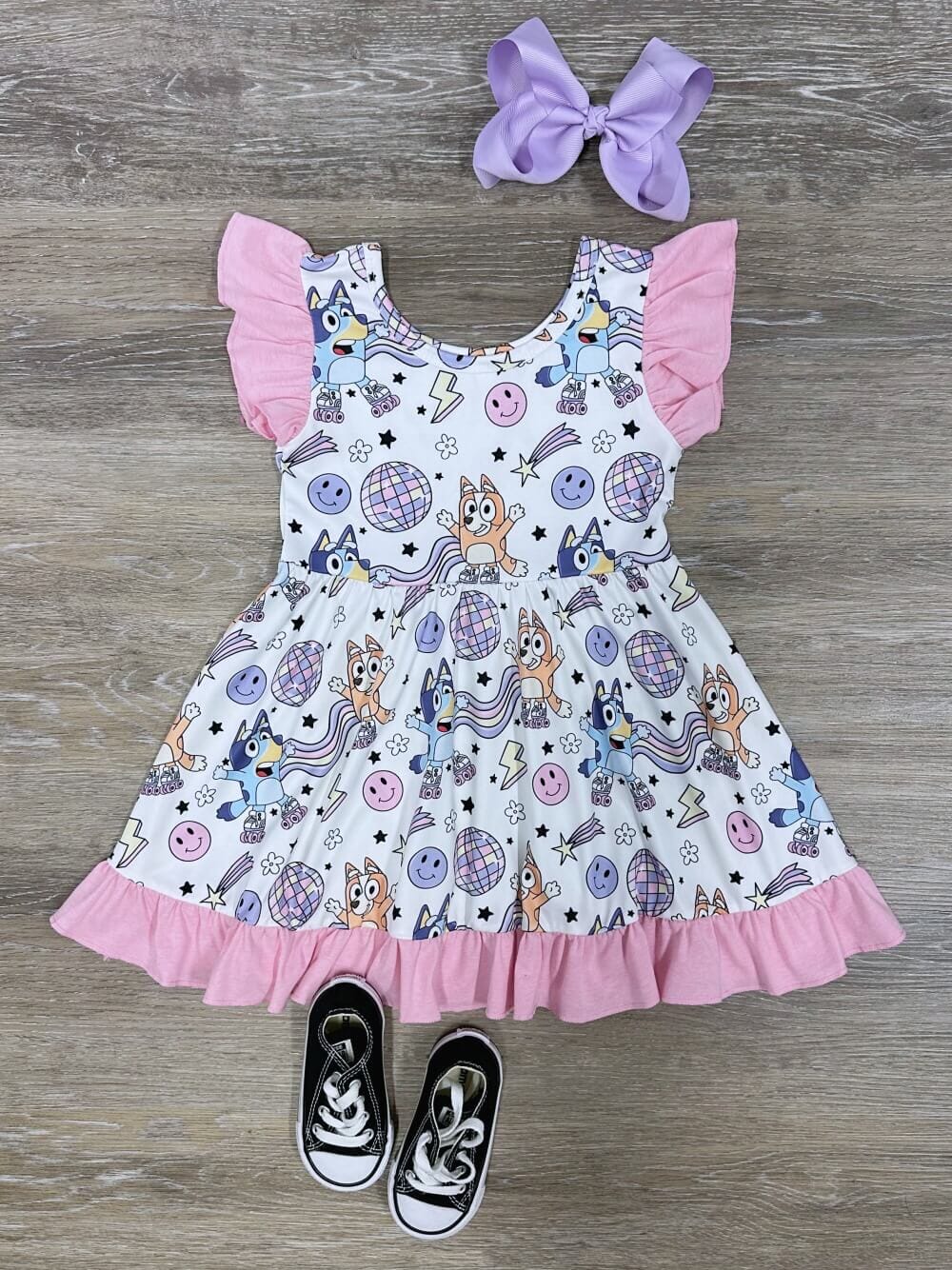 Blue Dog Roller Skate Derby Girls Pink Ruffle Dress - Sydney So Sweet