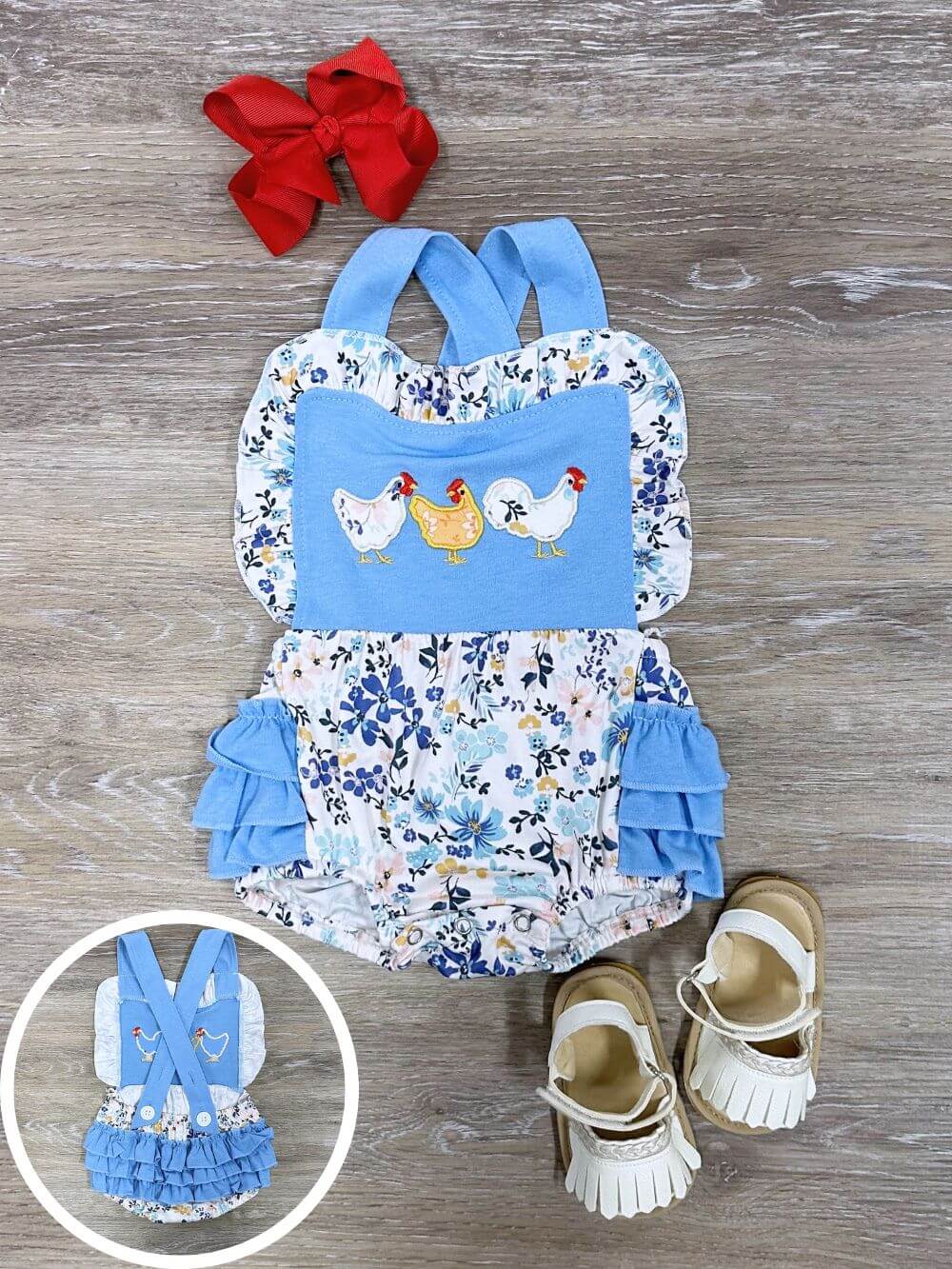Blue Floral Chick Chick Chicken Baby Ruffle Romper