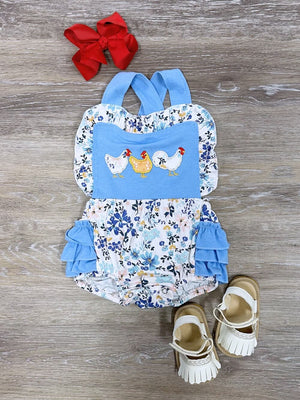 Blue Floral Chick Chick Chicken Baby Ruffle Romper - Sydney So Sweet