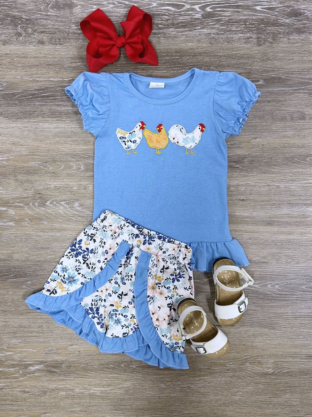 Blue Floral Chick Chick Chicken Girls Shorts Outfit