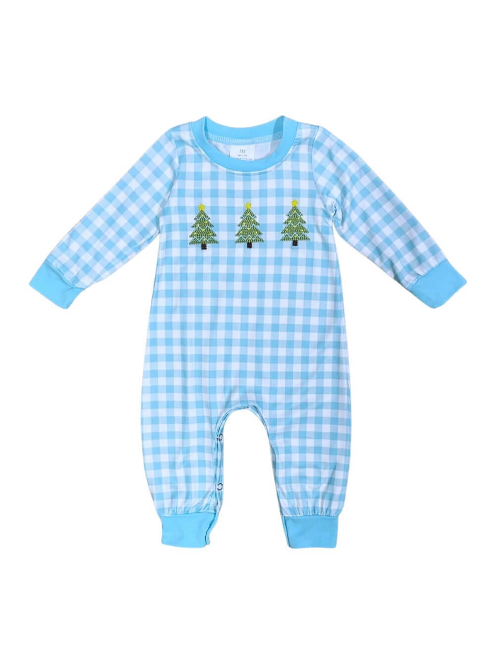 Blue Gingham Christmas Tree Boys Baby Romper - Sydney So Sweet