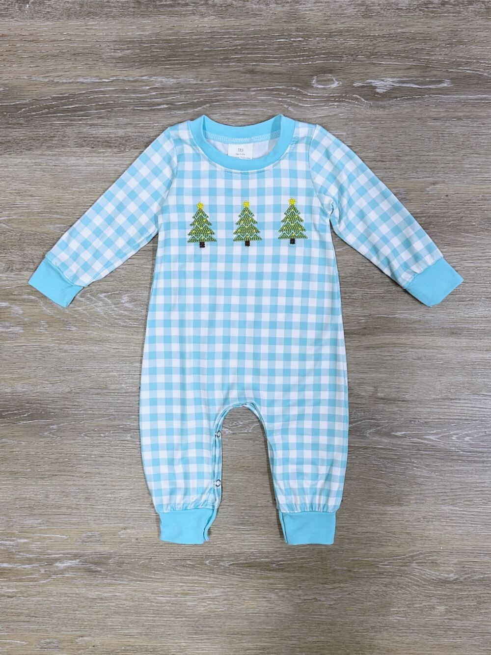Blue Gingham Christmas Tree Boys Baby Romper - Sydney So Sweet