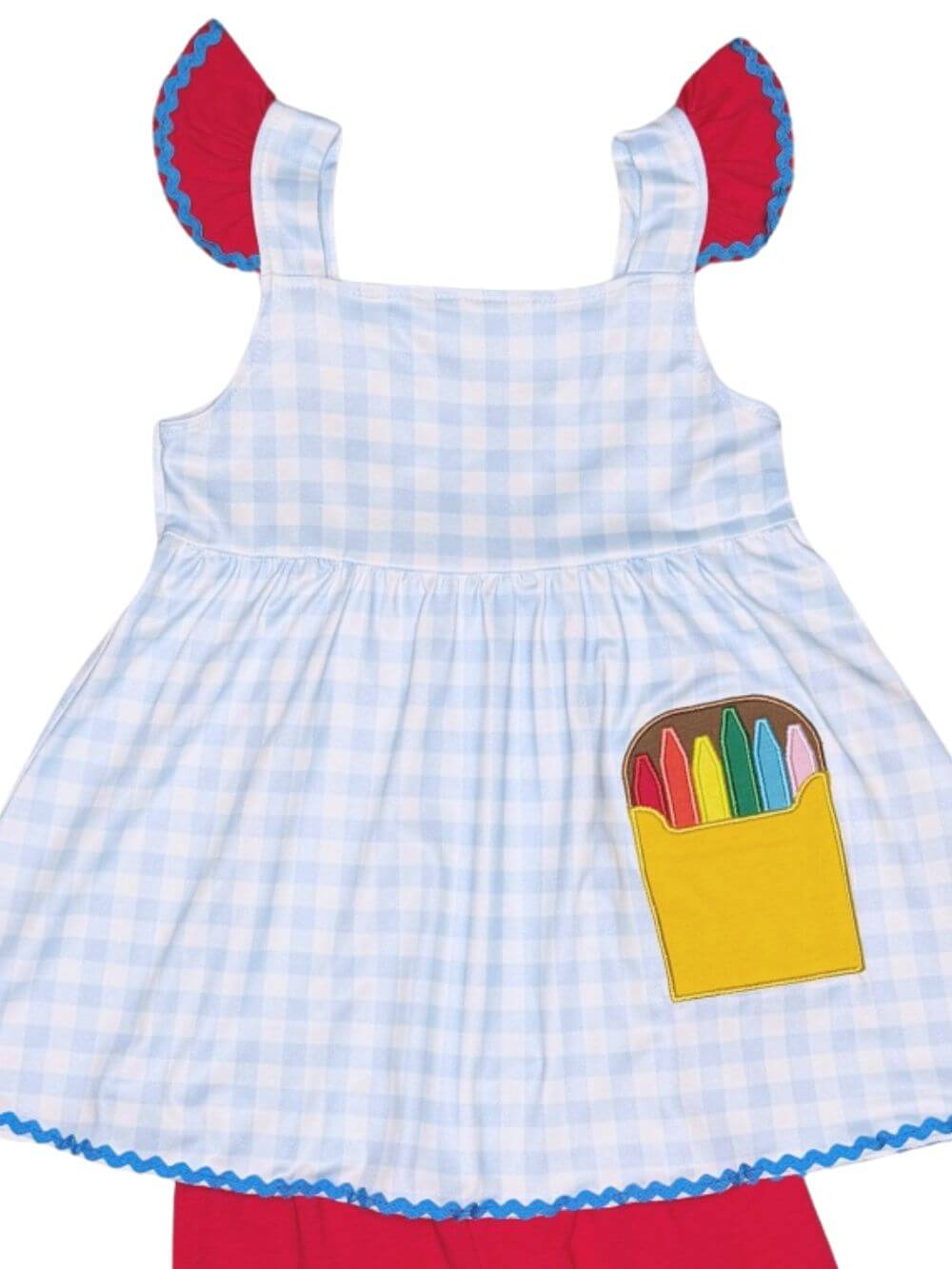 Blue Gingham Crayons Girls Shorts Outfit