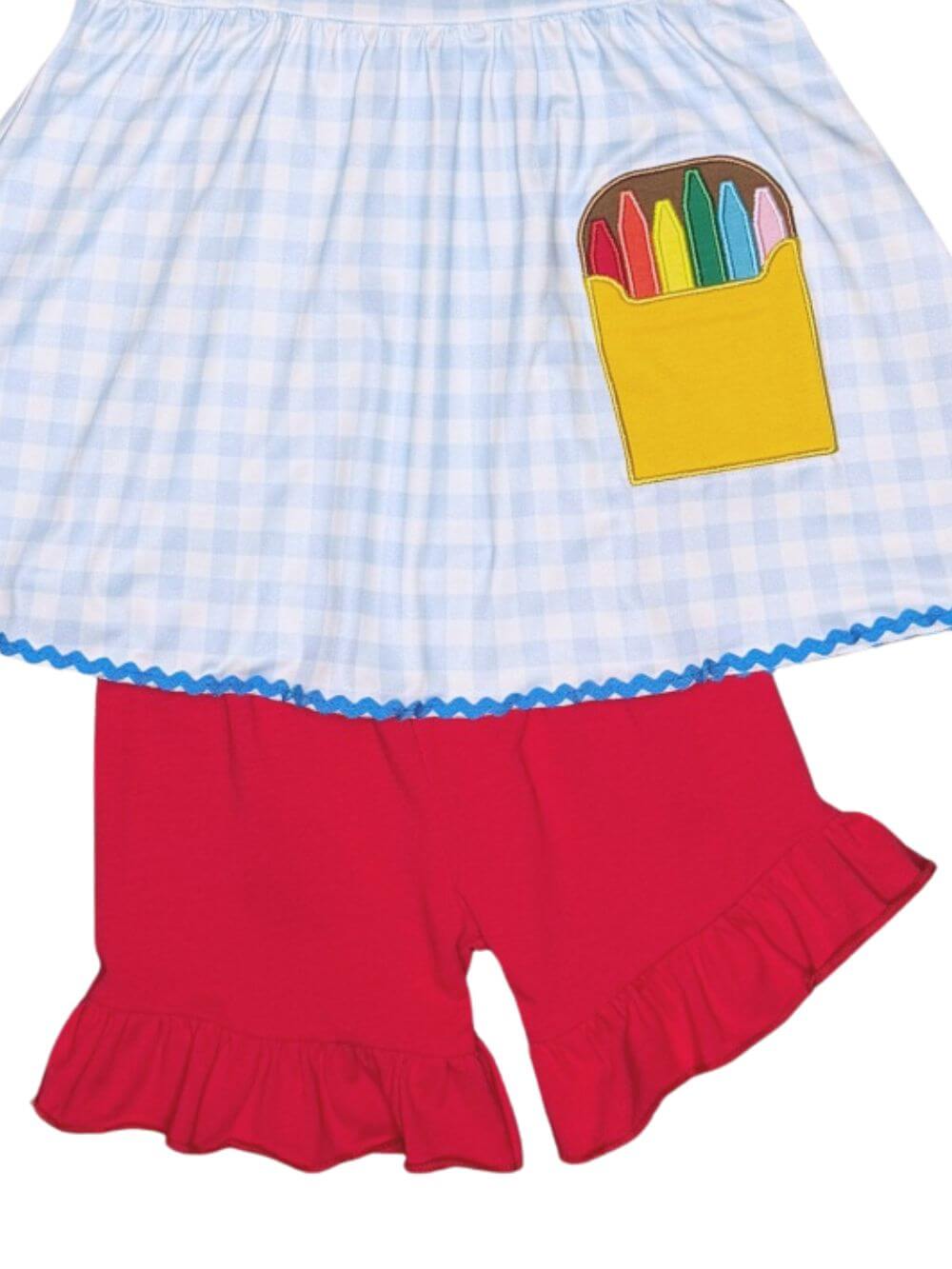 Blue Gingham Crayons Girls Shorts Outfit