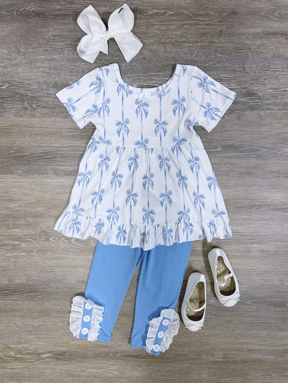 Blue Ribbon Bows Girls Short Sleeve Top &amp; Leggings Outfit - Sydney So Sweet