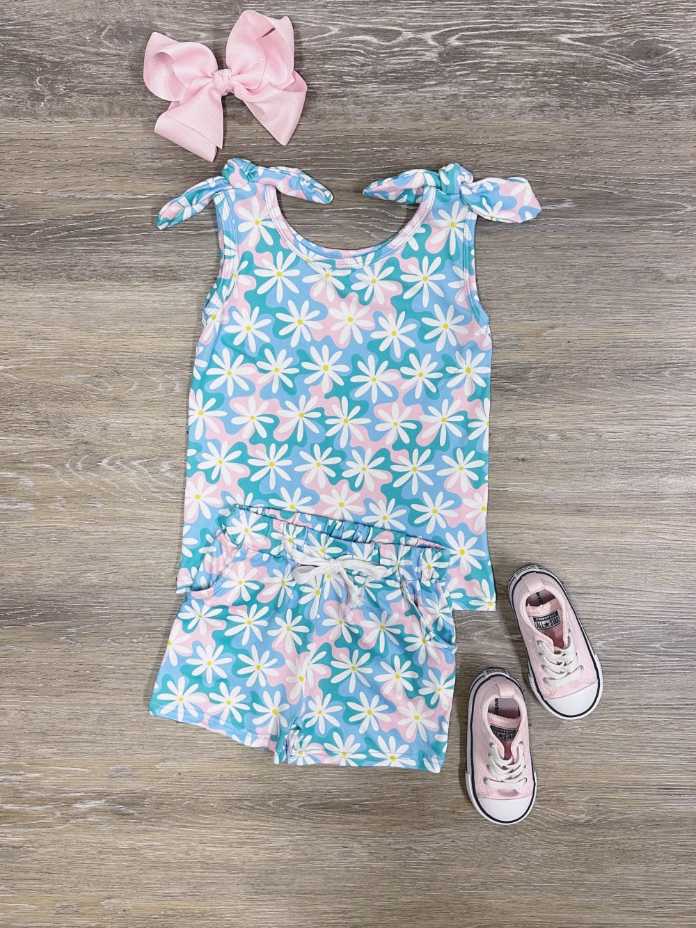 Blue Skies & Daisies Girls Tank & Shorts Matching Outfit