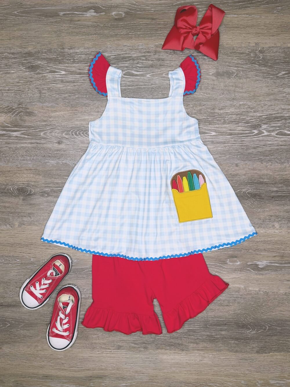 Blue Gingham Crayons Girls Shorts Outfit