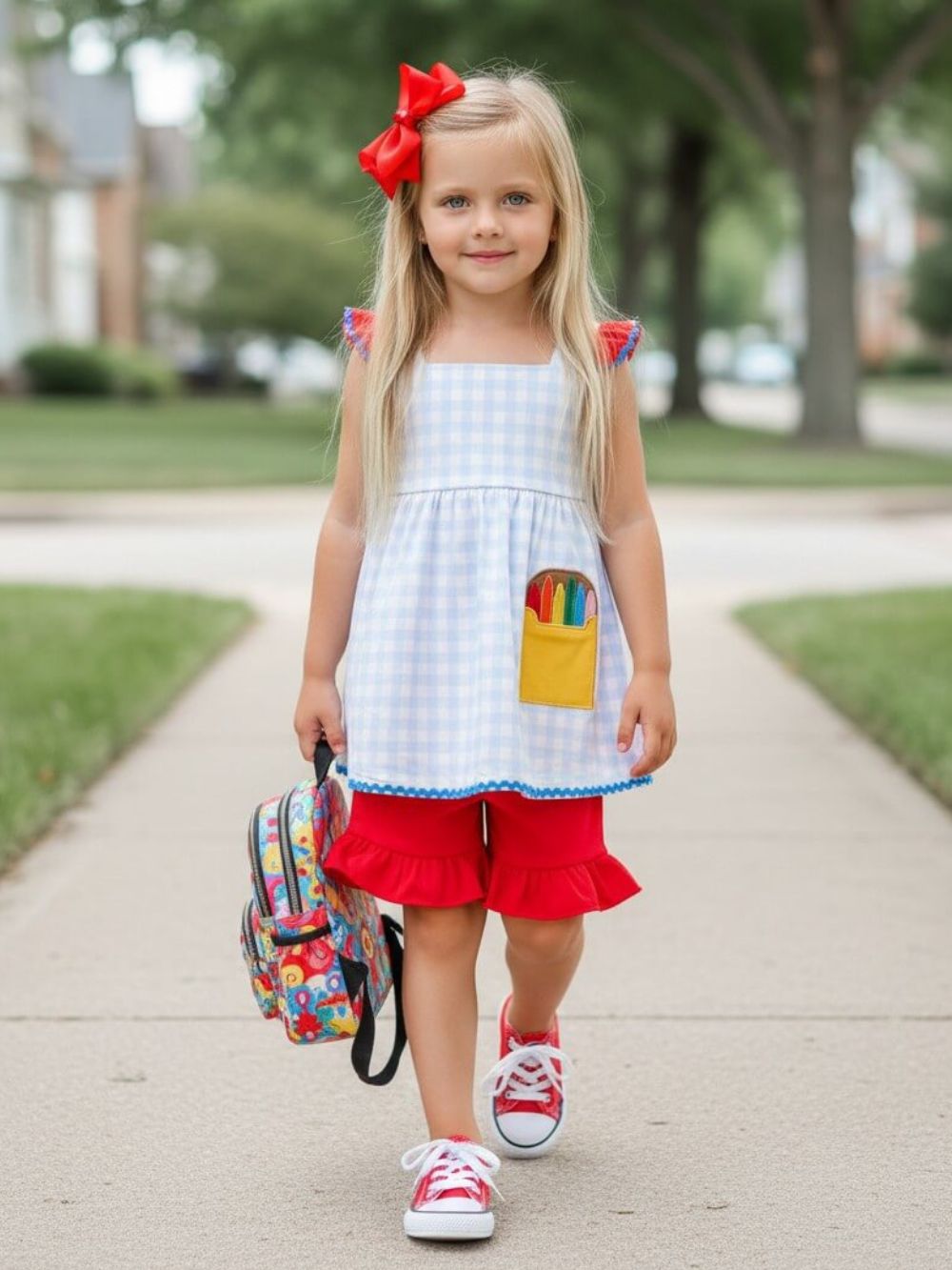 Blue Gingham Crayons Girls Shorts Outfit