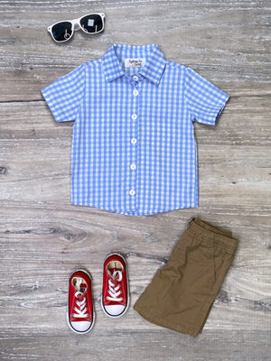 Blue & White Gingham Plaid Button Up Boys Top - Sydney So Sweet