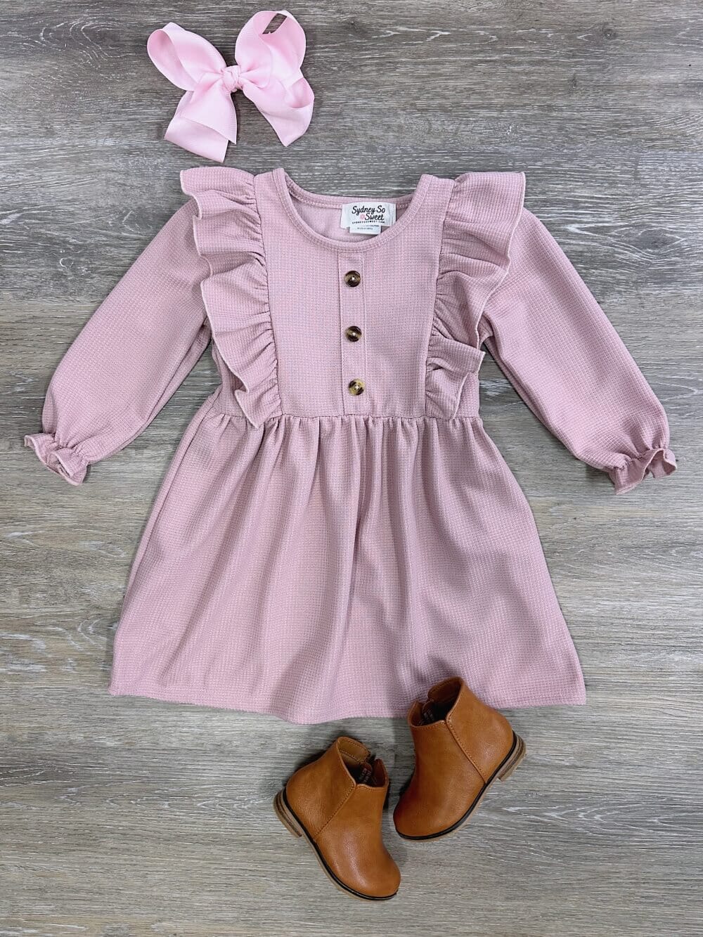 Blush Pink Waffle Knit Girls Ruffle Trim Long Sleeve Dress - Sydney So Sweet