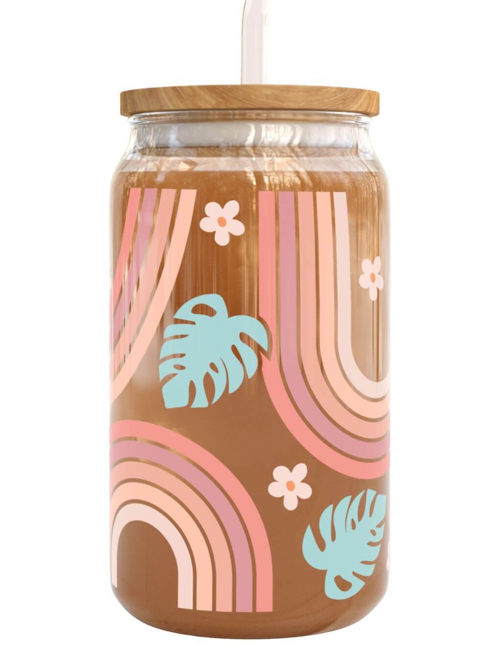 Boho Retro Rainbow Tumbler Sipper Glass 16oz — Reusable Drink Jar with Lid & Straw
