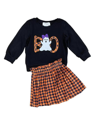 Boo Ghost Orange & Black Plaid Girls Skirt Outfit - Sydney So Sweet
