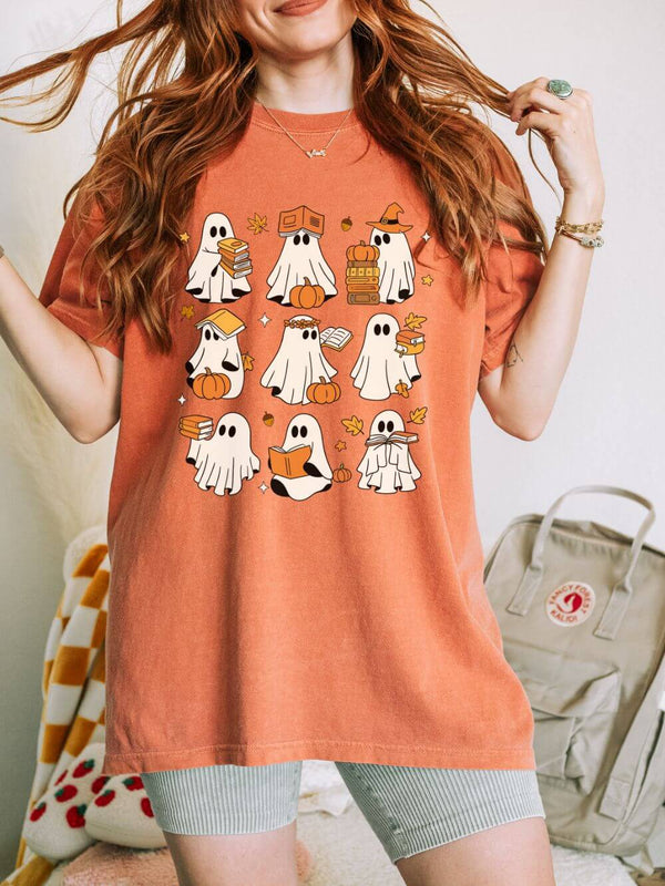 Women's Halloween Sweatshirt - Spooky Season Ghost Pumpkin Cat Print Pullover Long Sleeve Crewneck