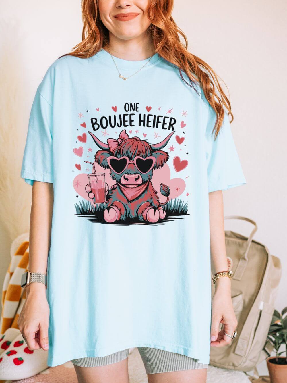 One Boujee Heifer Cute Cow Valentine's Day Graphic T-Shirt Short Sleeve Tee - Sydney So Sweet