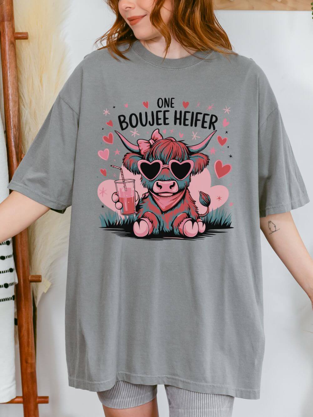 One Boujee Heifer Cute Cow Valentine's Day Graphic T-Shirt Short Sleeve Tee - Sydney So Sweet