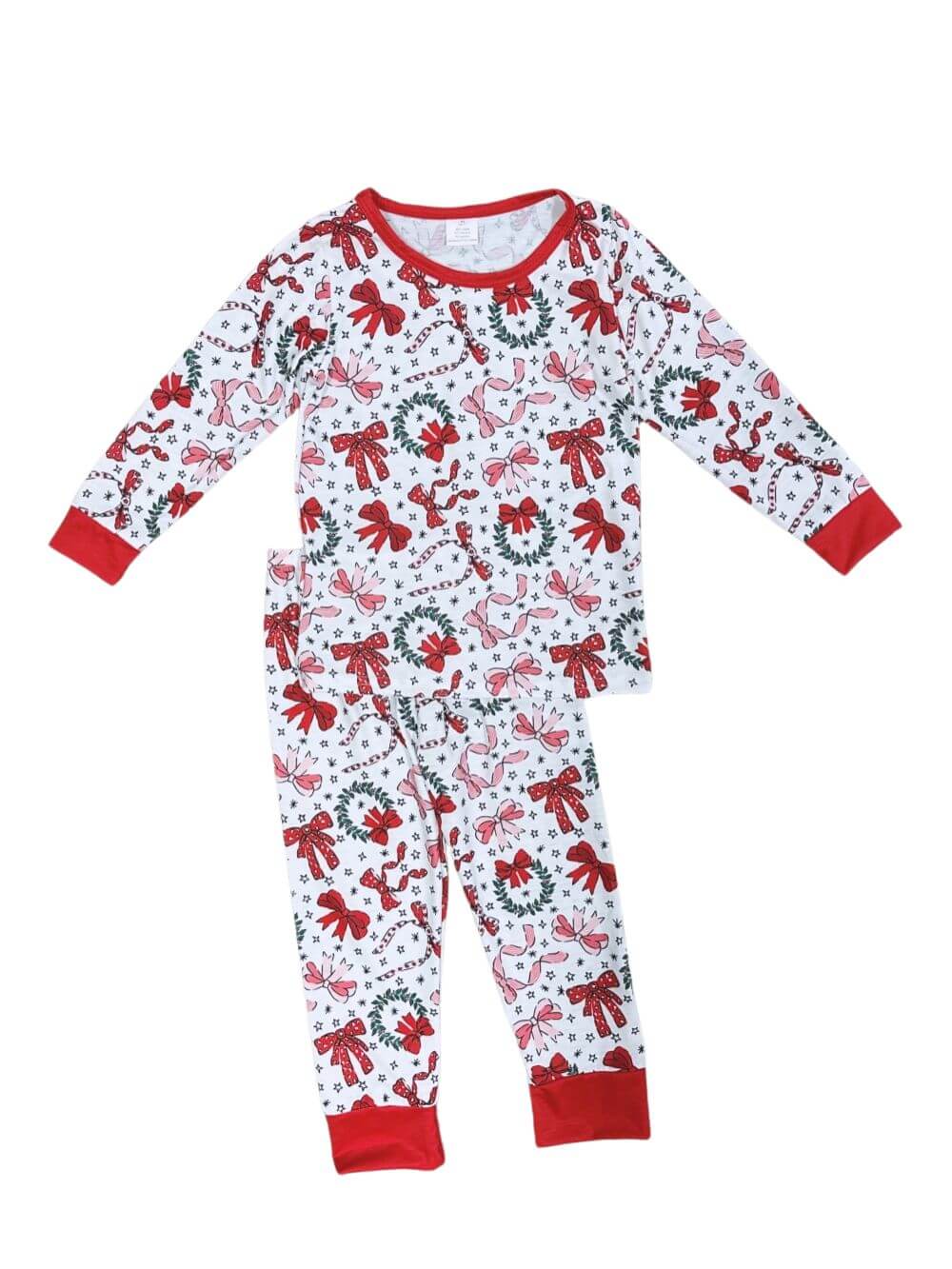 Bow & Wreath Girls Red Trimmed Holiday Pajama Set - Sydney So Sweet