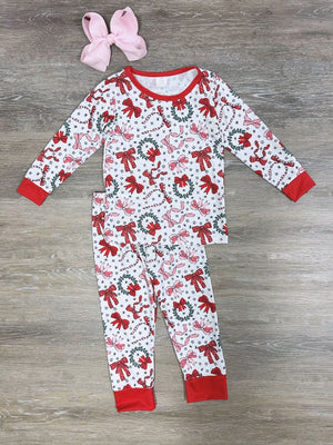 Bow & Wreath Girls Red Trimmed Holiday Pajama Set - Sydney So Sweet