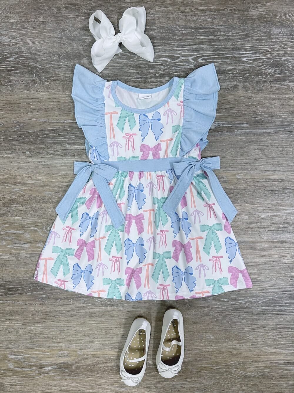 Bowtastic Coquette Bows Light Blue Ruffle Trim Girls Dress - Sydney So Sweet
