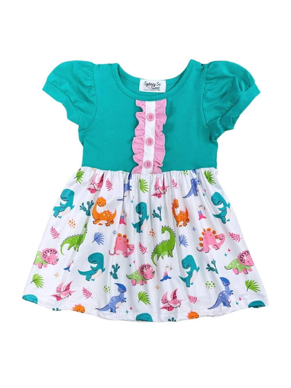 Bright Dino Days Girls Puff Sleeve Dress - Sydney So Sweet