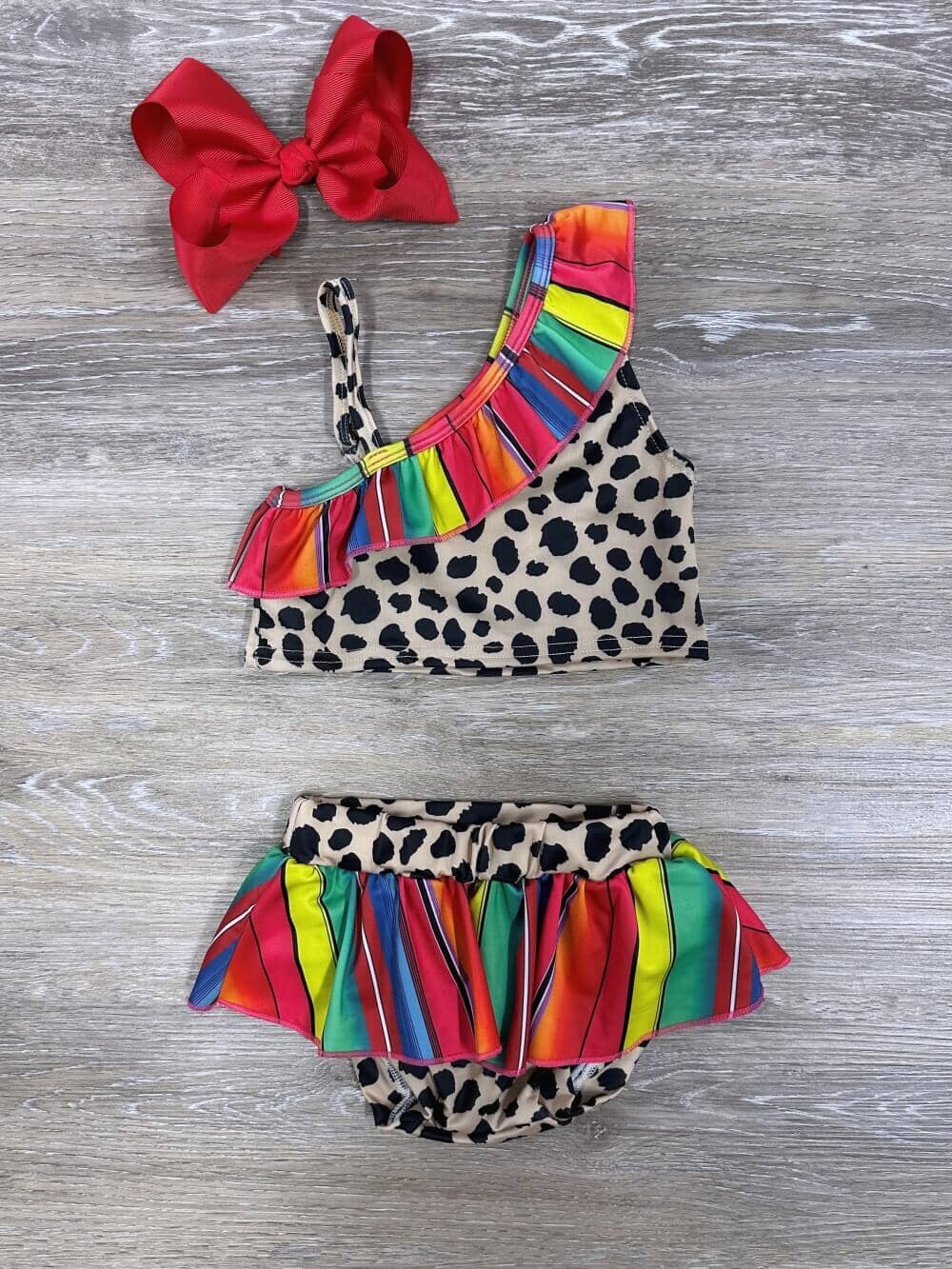 Bright Stripes &amp; Animal Print 2 Piece Girls Skirted Swimsuit Set - Sydney So Sweet