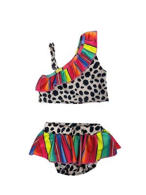 Bright Stripes & Animal Print 2 Piece Girls Skirted Swimsuit Set - Sydney So Sweet