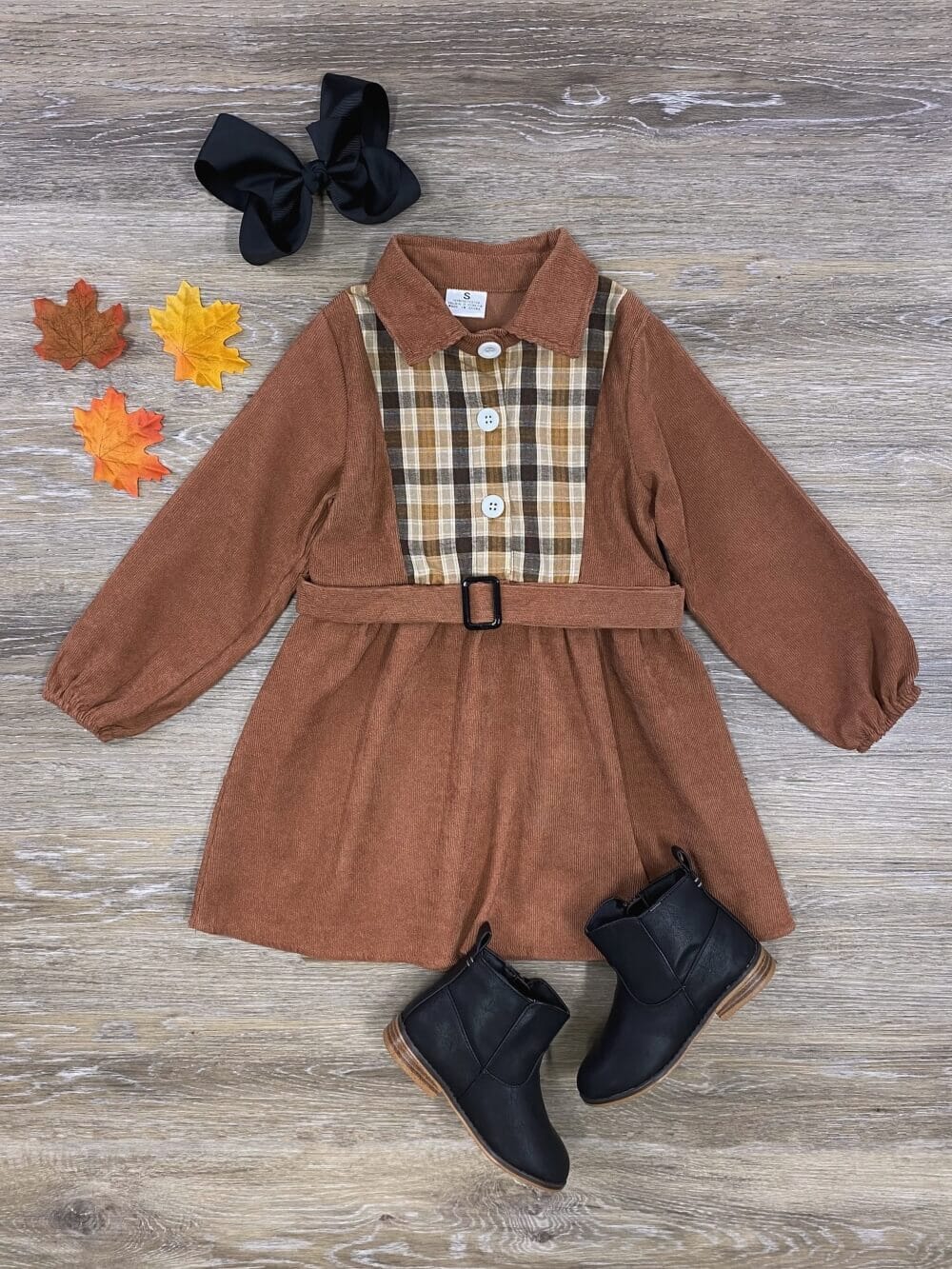 Brown Corduroy &amp; Plaid Girls Belted Dress - Sydney So Sweet