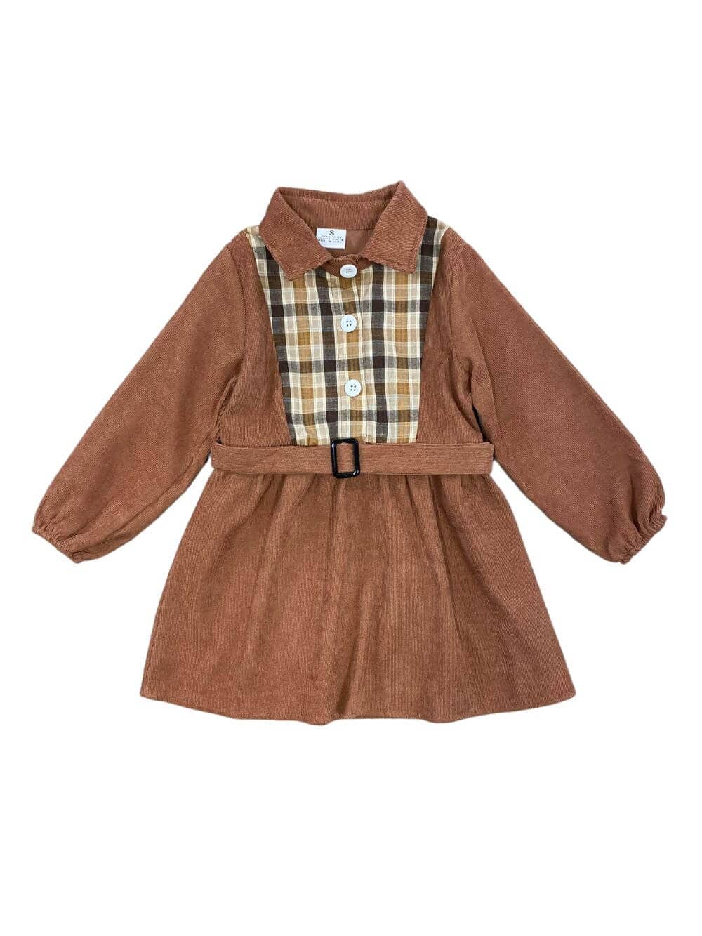 Brown Corduroy & Plaid Girls Belted Dress - Sydney So Sweet