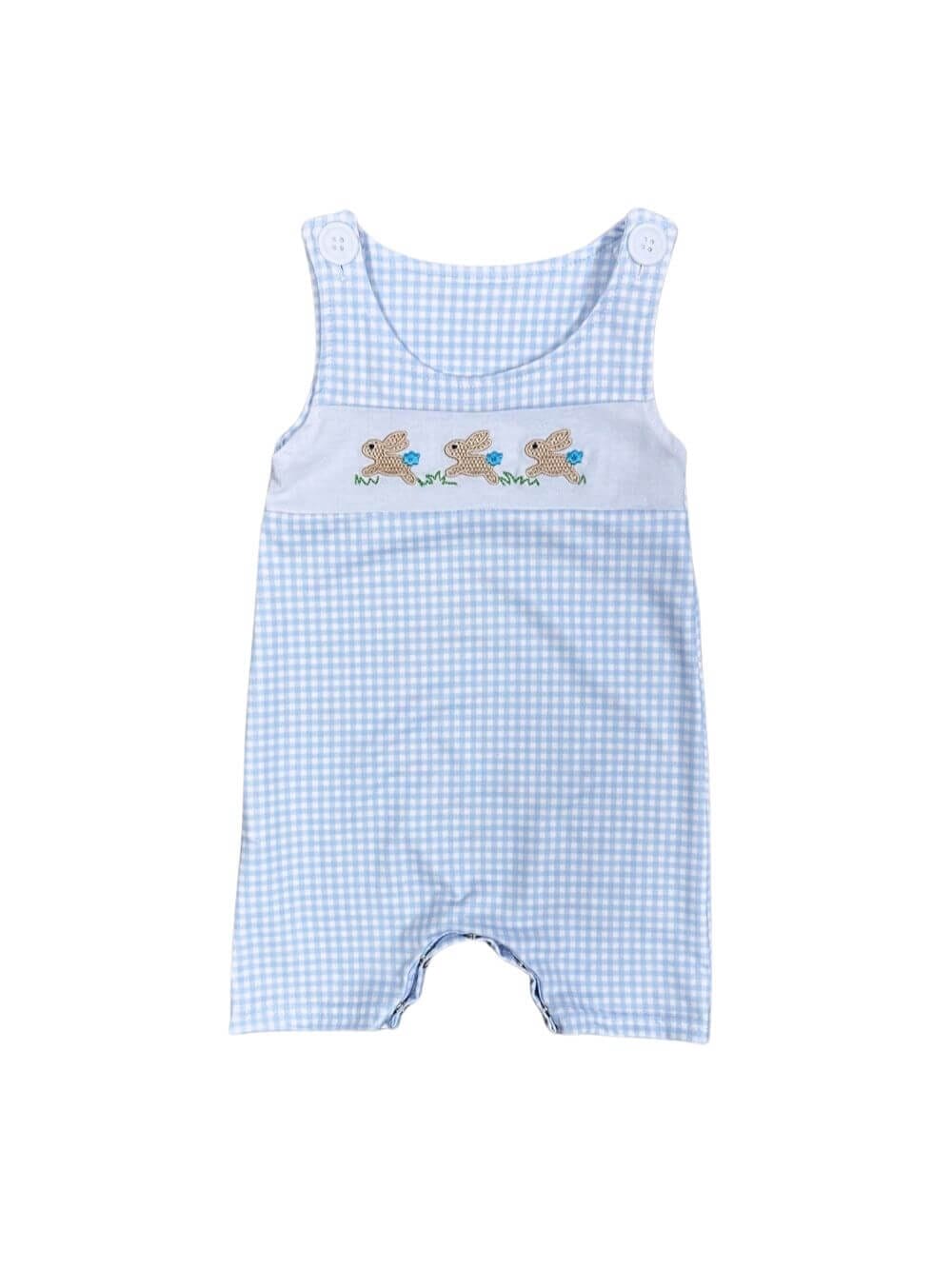 Bunny Blue Gingham Plaid Boys Spring or Easter Baby Romper - Sydney So Sweet