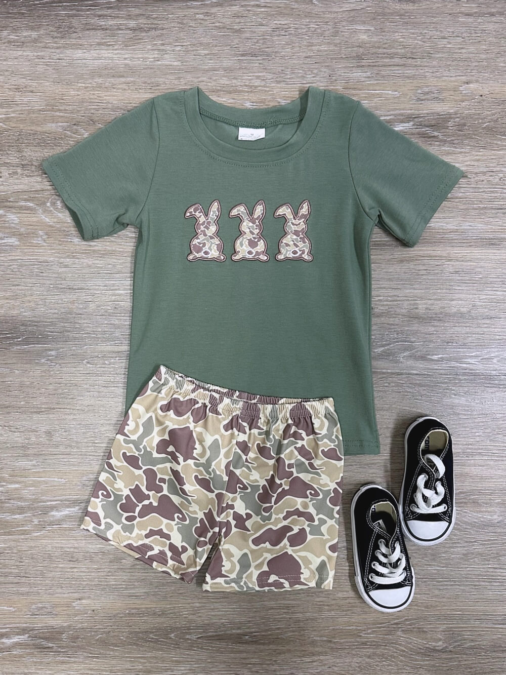 Bunny Squad Olive Camo Boys Shorts Outfit