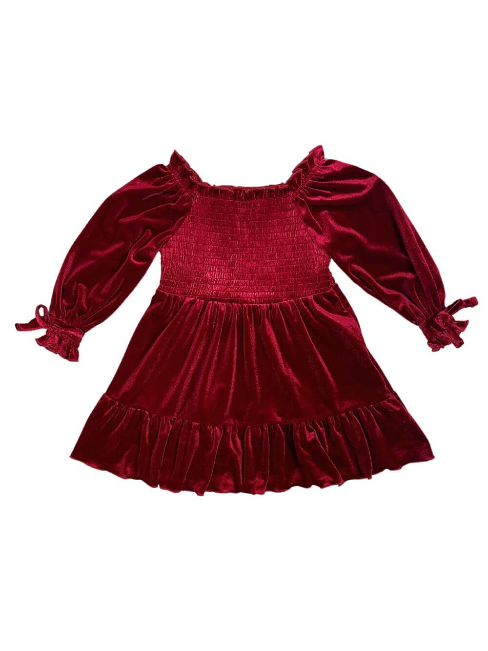 Burgundy Puff Sleeve Smocked Girls Velvet Dress - Sydney So Sweet