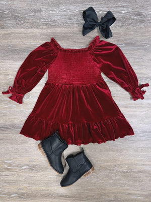 Burgundy Puff Sleeve Smocked Girls Velvet Dress - Sydney So Sweet