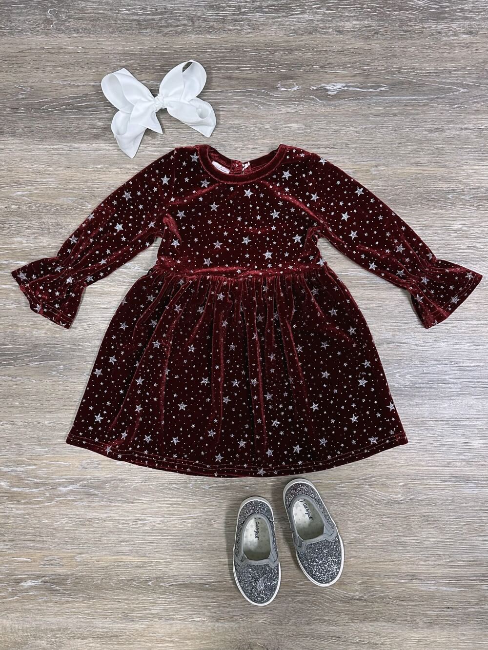 Burgundy Starry Night Velvet Flare Girls Dress - Sydney So Sweet