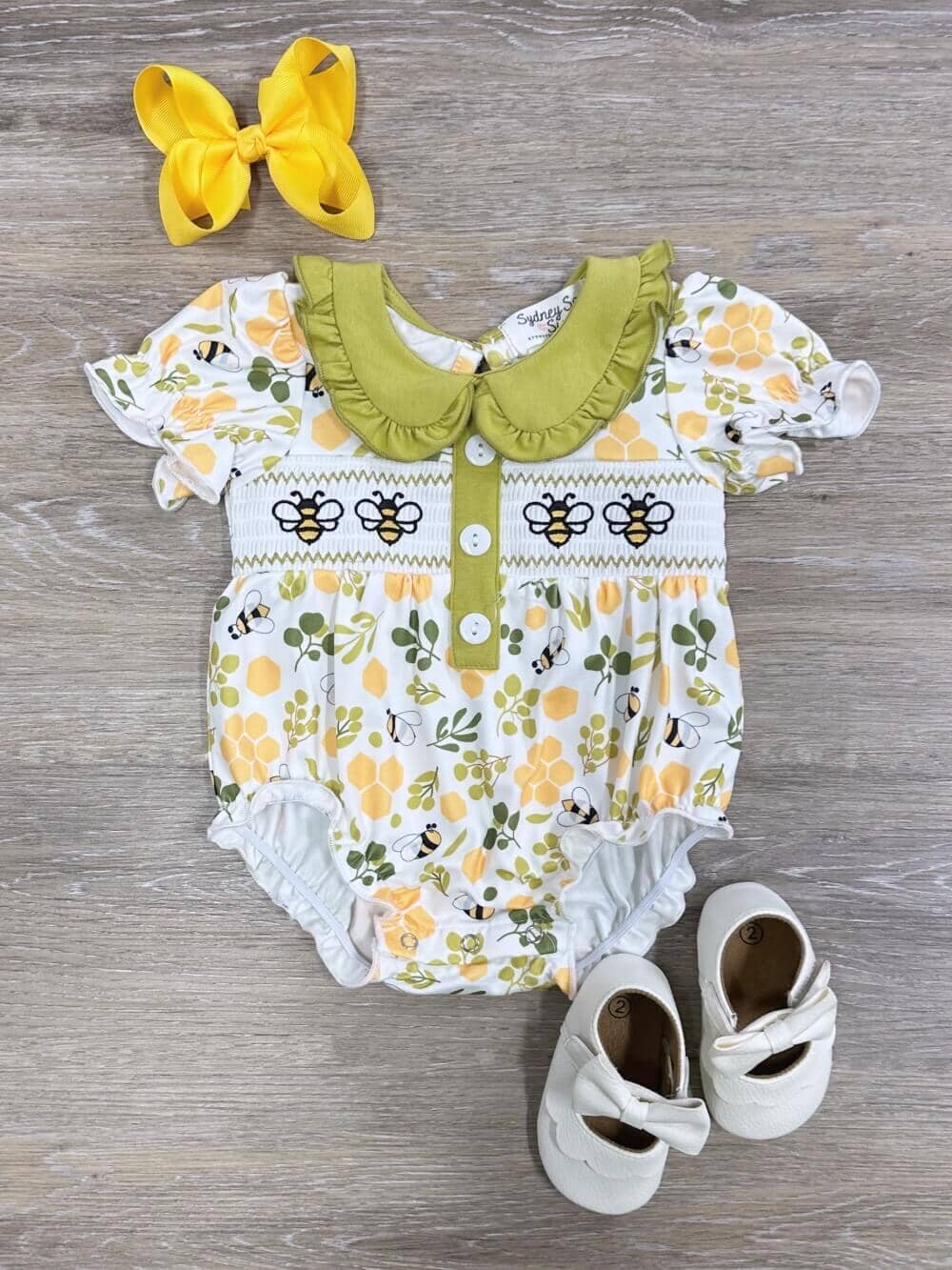Busy Bee Yellow & Green Girls Puff Sleeve Baby Bubble - Sydney So Sweet