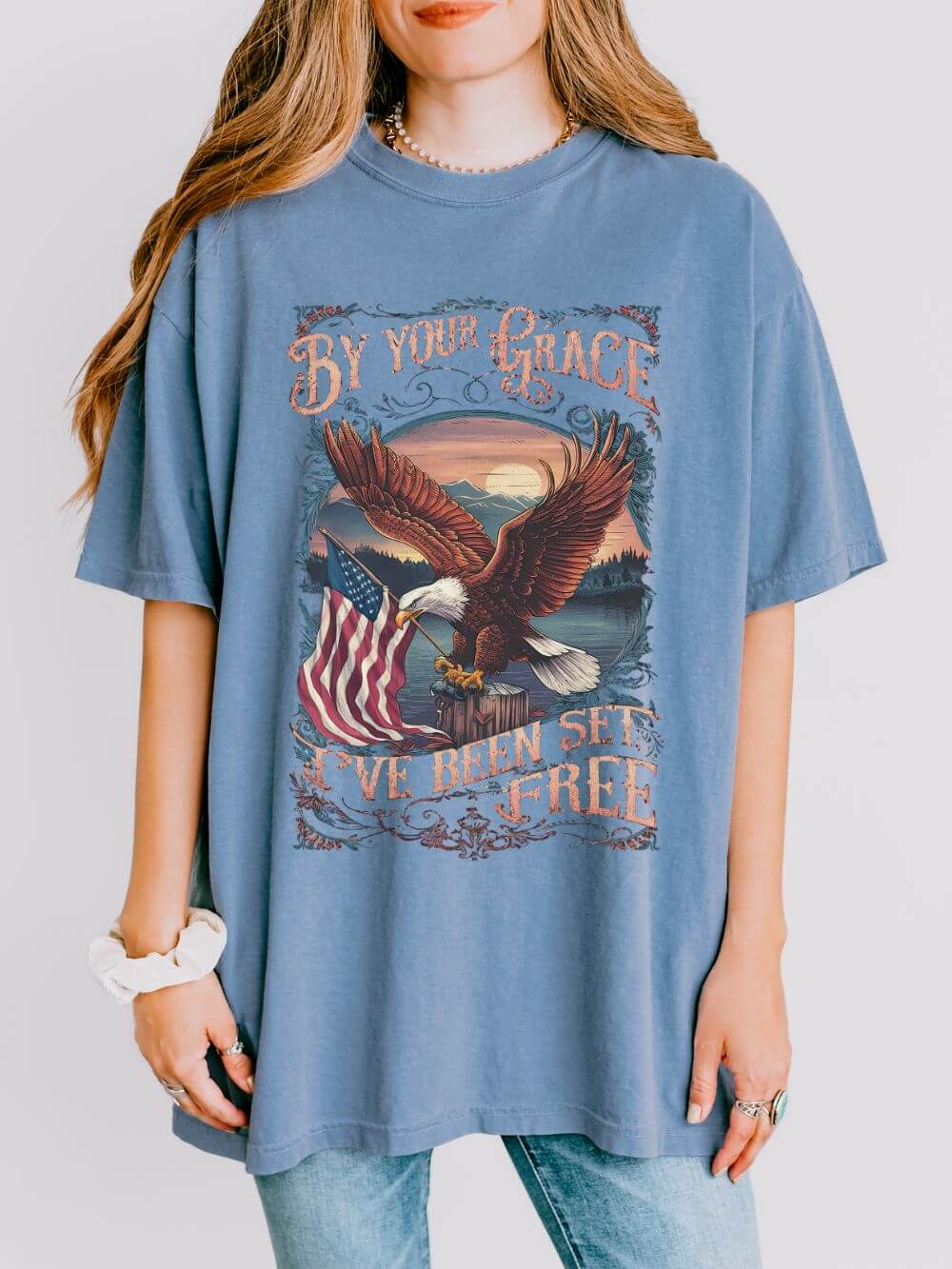 By Your Grace I've Been Set Free' T-Shirt Eagle & Flag Christian Graphic Tee