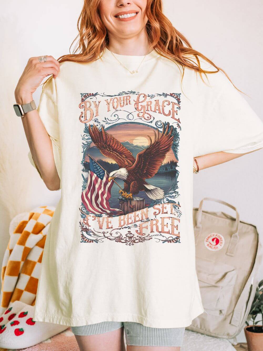 By Your Grace I've Been Set Free' T-Shirt Eagle & Flag Christian Graphic Tee