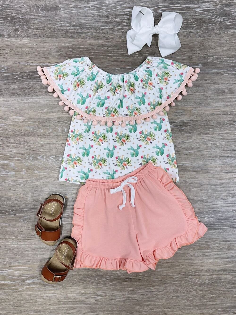 Cactus Life Girls Peach Ruffle Shorts Outfit - Sydney So Sweet