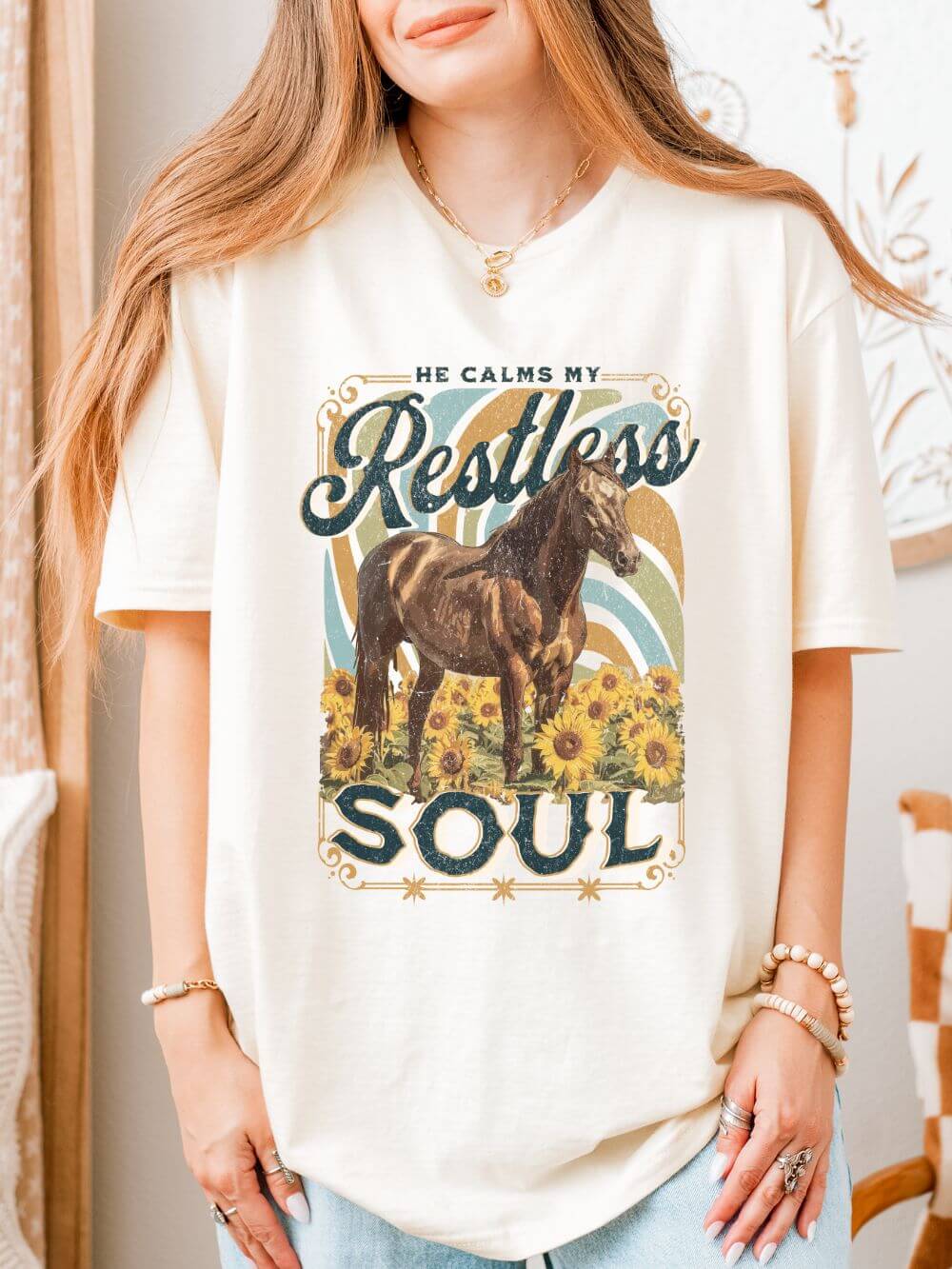 He Calms My Restless Soul T-Shirt Christian Horse & Sunflower Distressed Graphic Tee