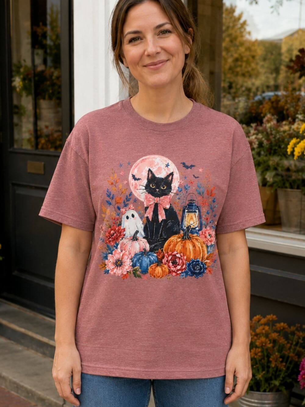 Girly Black Cat Halloween T-Shirt Cute Pumpkin & Lantern Fall Graphic Tee
