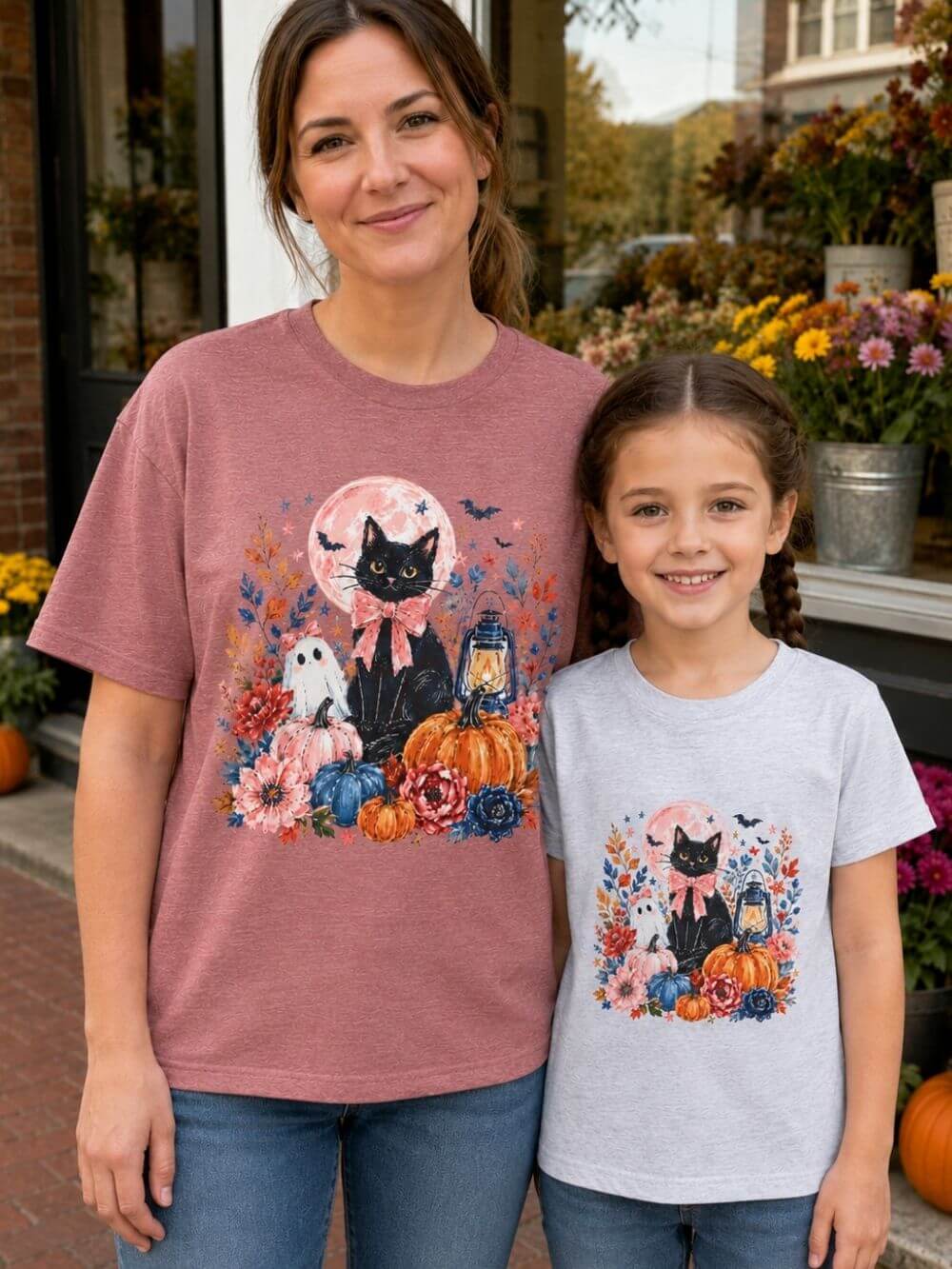Girly Black Cat Halloween T-Shirt Cute Pumpkin & Lantern Fall Graphic Tee