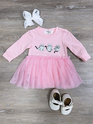 Cat Ghosts Pink Long Sleeve Girls Baby Tutu Romper - Sydney So Sweet