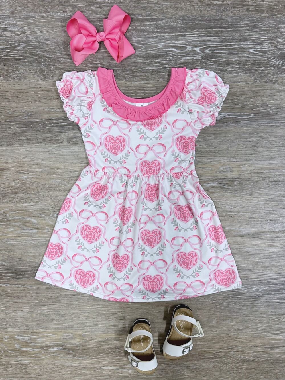 Charming Hearts & Bows Girls Short Sleeve Ruffle Dress - Sydney So Sweet