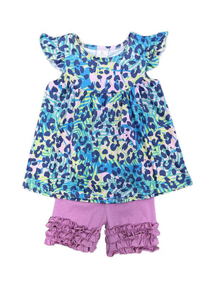 Cheetah Blue Tunic Top & Ruffle Shorts Girls Outfit - Sydney So Sweet