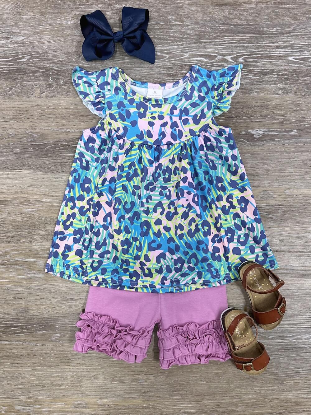 Cheetah Blue Tunic Top & Ruffle Shorts Girls Outfit