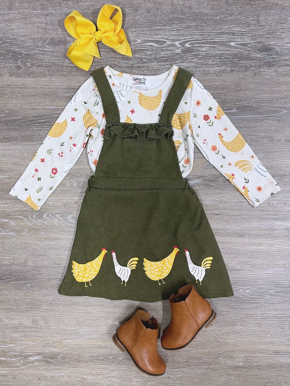 Chicken Chicken Olive Corduroy Girls Jumper Dress Set - Sydney So Sweet