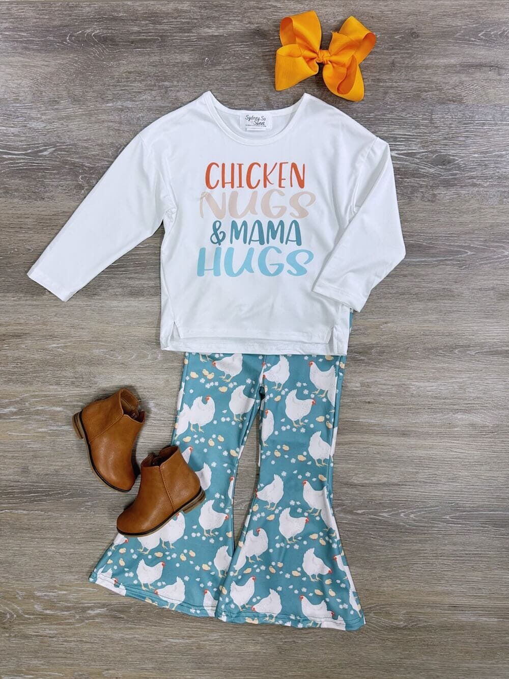 Chicken Nugs and Mama Hugs Girls Flare Pants Outfit - Sydney So Sweet