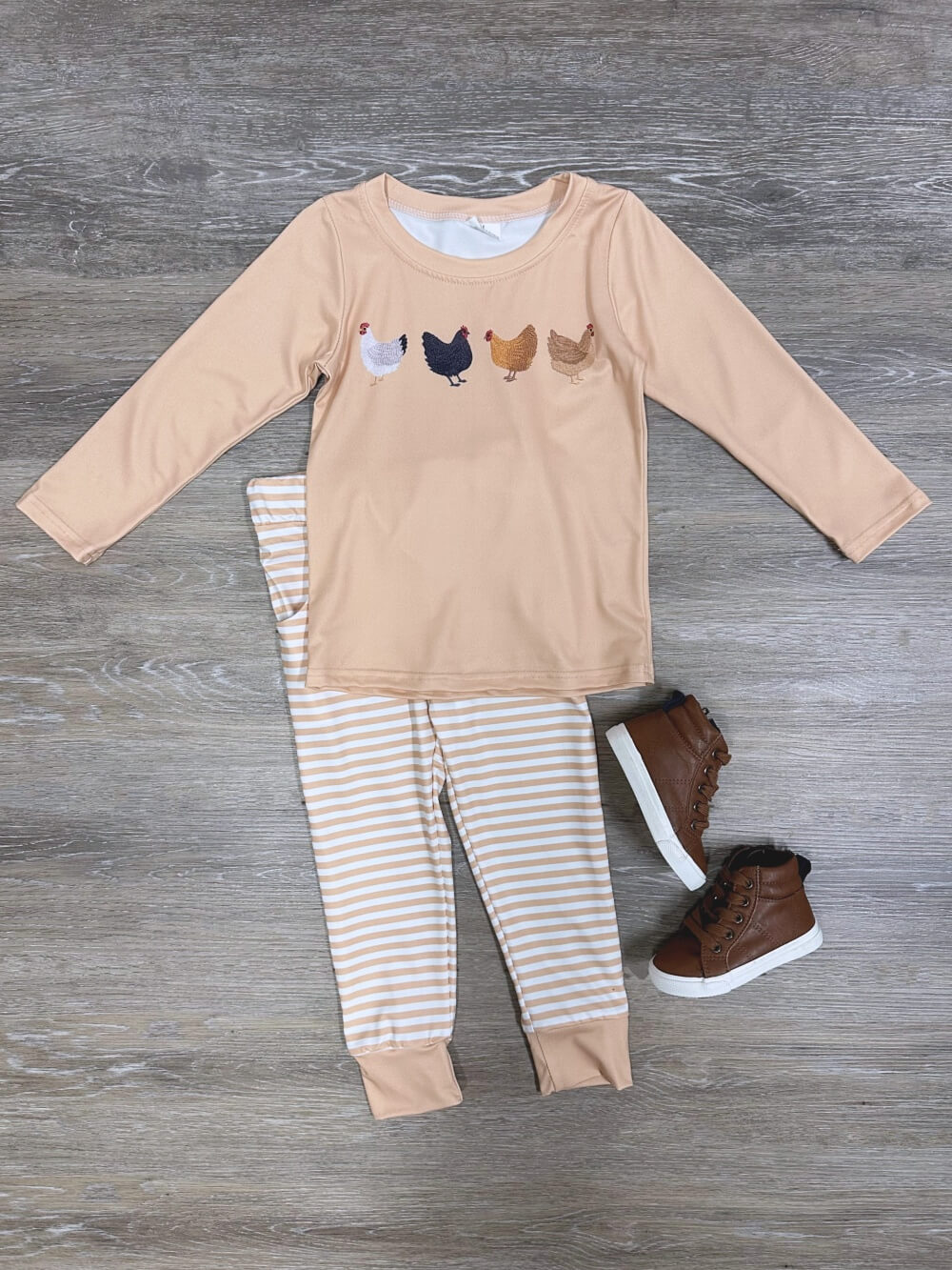 Chicken Run Boys or Girls Long Sleeve Tan Stripe Outfit - Sydney So Sweet