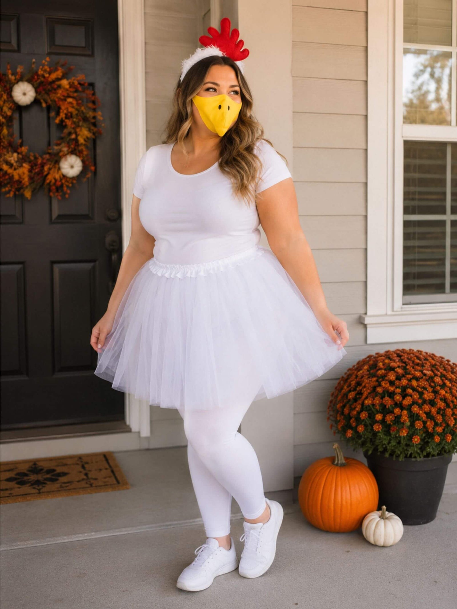 Women's White Chicken Costume Set for Adults & Plus Size – White Tutu Skirt, Beak & Headband – Fun Farm Animal Outfit for Halloween & Cosplay